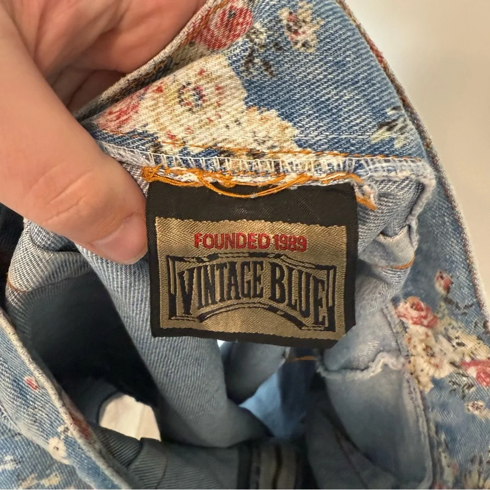 Vintage Blue Floral Denim Mini Skort Skirt Womens Size 9/10 100% Cotton Feminine